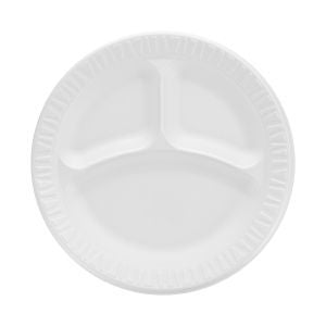 9 Inch Dart Concorde Non-Laminated Foam Plates White 3 Compartments 500/cs