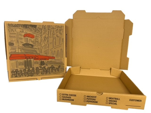 Nemco 16x16x2 Kraft Print Pizza Cafe Box Kraft / Kraft B Flute 50/cs