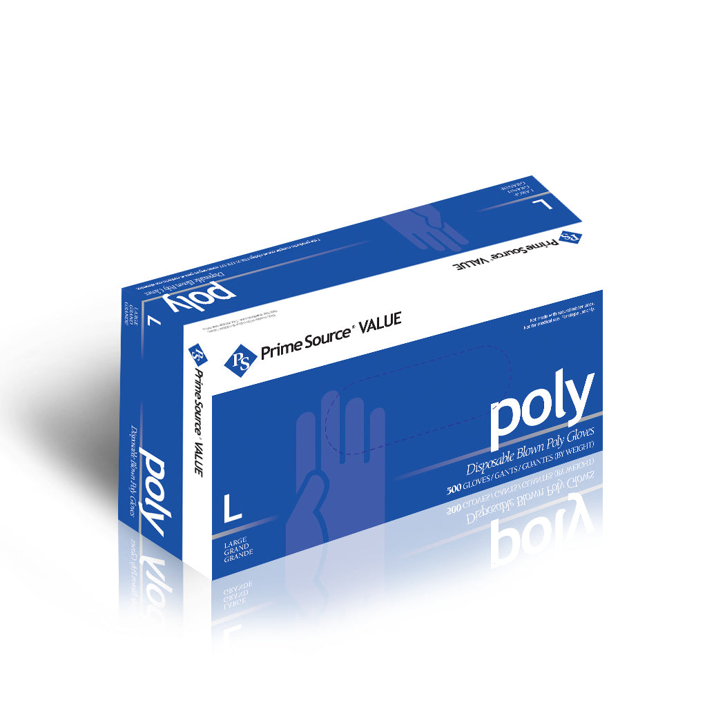 Large Poly Gloves, Prime Source, Clear, 0.3 Mil 500/Box, 4 Boxes/cs
