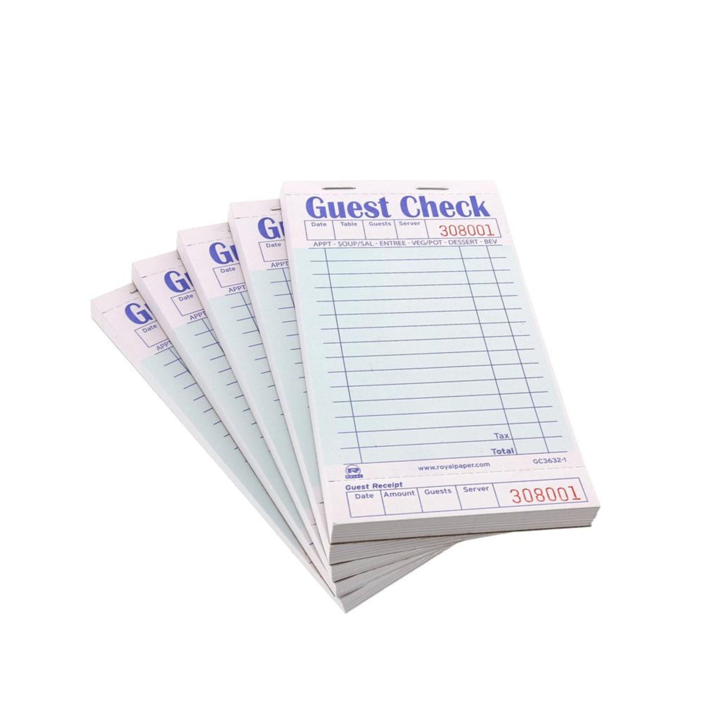 3.46 x 6.69" Green 1 Part Booked 15 Line Guest Check Board, 50 books of 50 checks