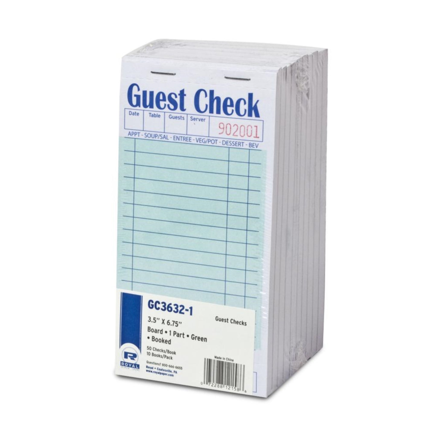 3.46 x 6.69" Green 1 Part Booked 15 Line Guest Check Board, 50 books of 50 checks