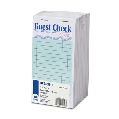 3.46 x 6.69" Green 1 Part Booked 15 Line Guest Check Board, 50 books of 50 checks