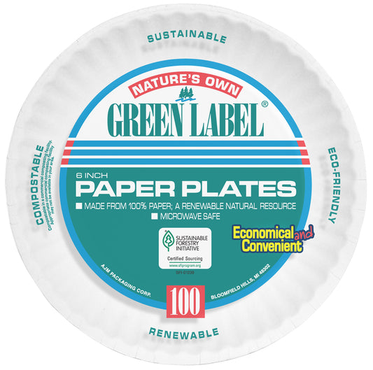 6 inch Green Label Paper Plate, White, 1000/cs
