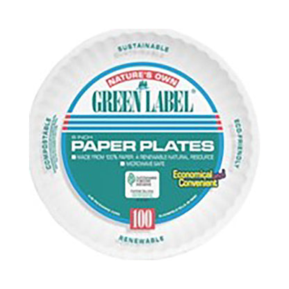 6 inch Green Label Paper Plate, White, 1000/cs
