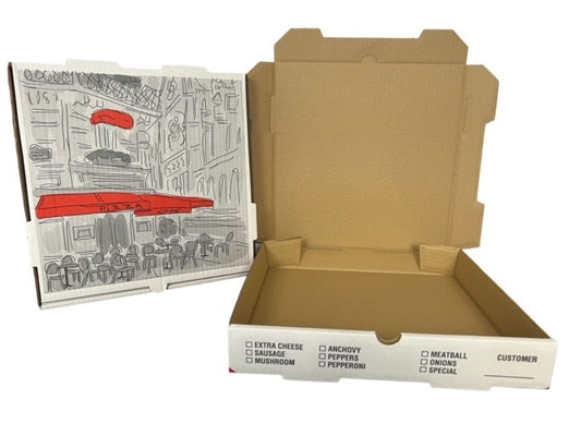 10x10x2 Kraft Print Pizza Cafe Box Kraft Flute Nemco 50/cs