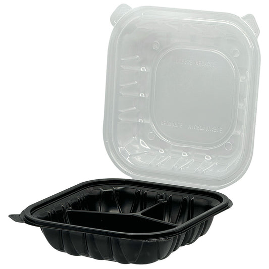 9x9, 3 Comp PP Hinged Container Black/Clear Lid, Vented, Empress, 150/CS