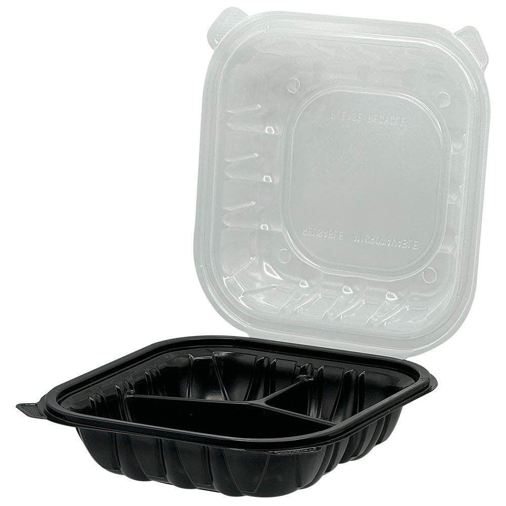 8x8 3 Compartment PP Hinged Container Black/Clear Lid, Vented, Empress, 180/cs