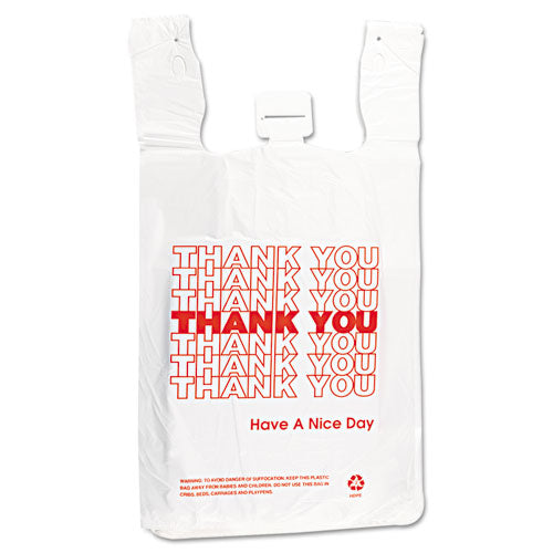 12x7x23 HDPE T-Shirt Bags, 14 mic, Thank You - Have a Nice Day, Cut-Out Handles, White/Red, 500/cs