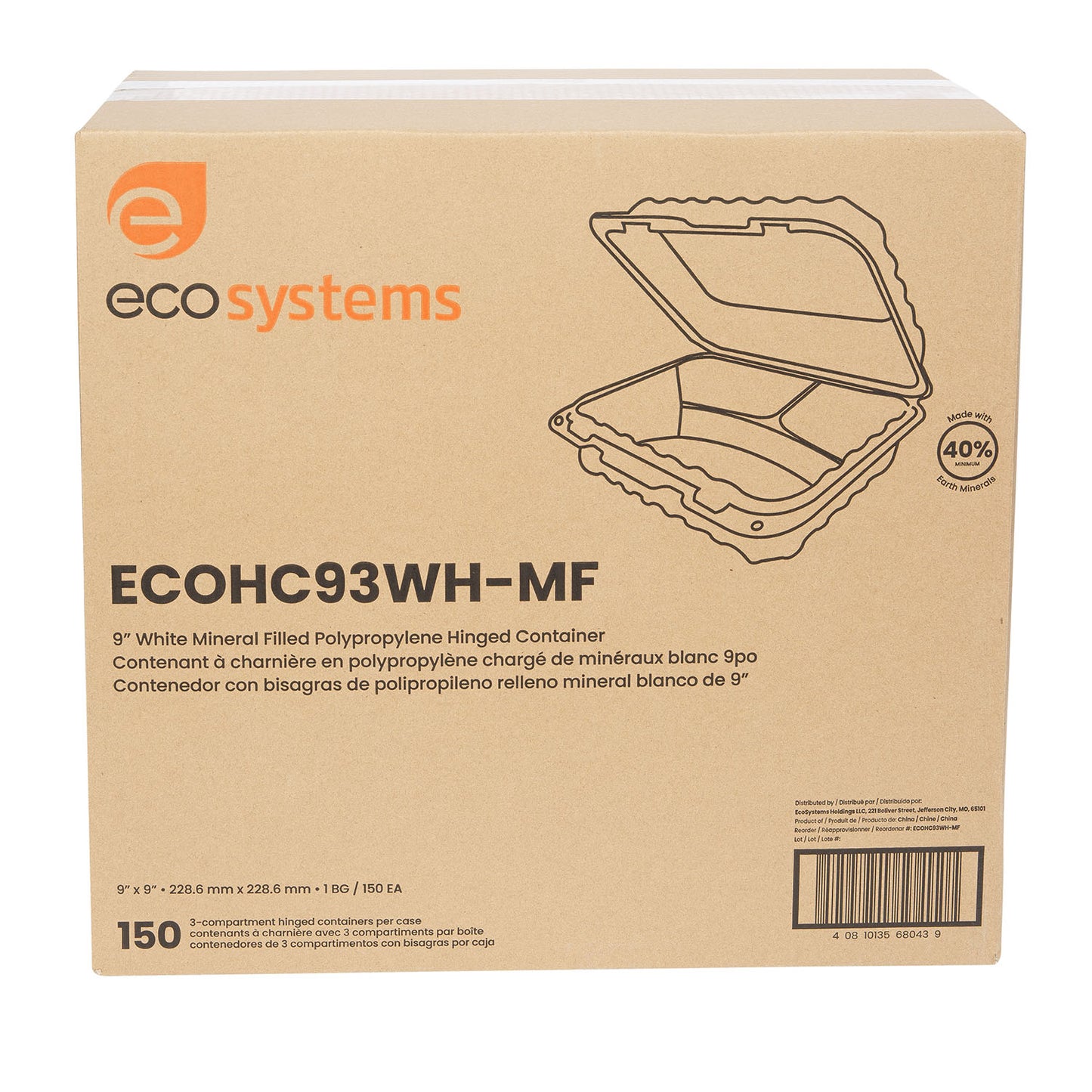 9x9 MFPP 3-Compartment Hinged Containers White EcoSystems 150/cs