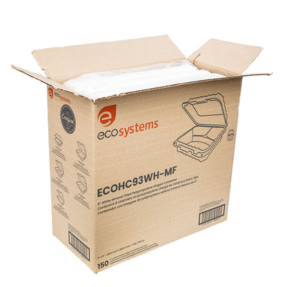 9x9 MFPP 3-Compartment Hinged Containers White EcoSystems 150/cs