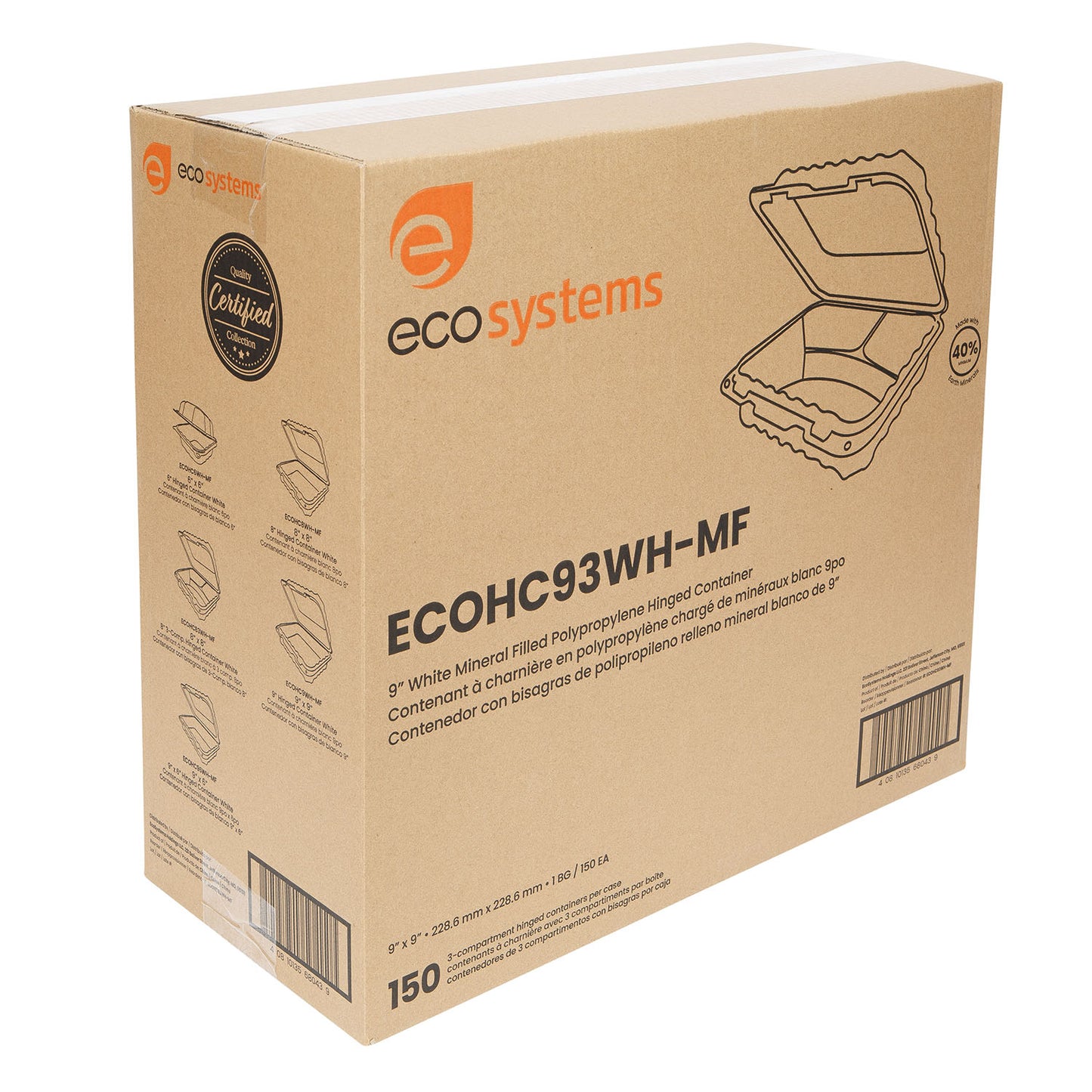 9x9 MFPP 3-Compartment Hinged Containers White EcoSystems 150/cs
