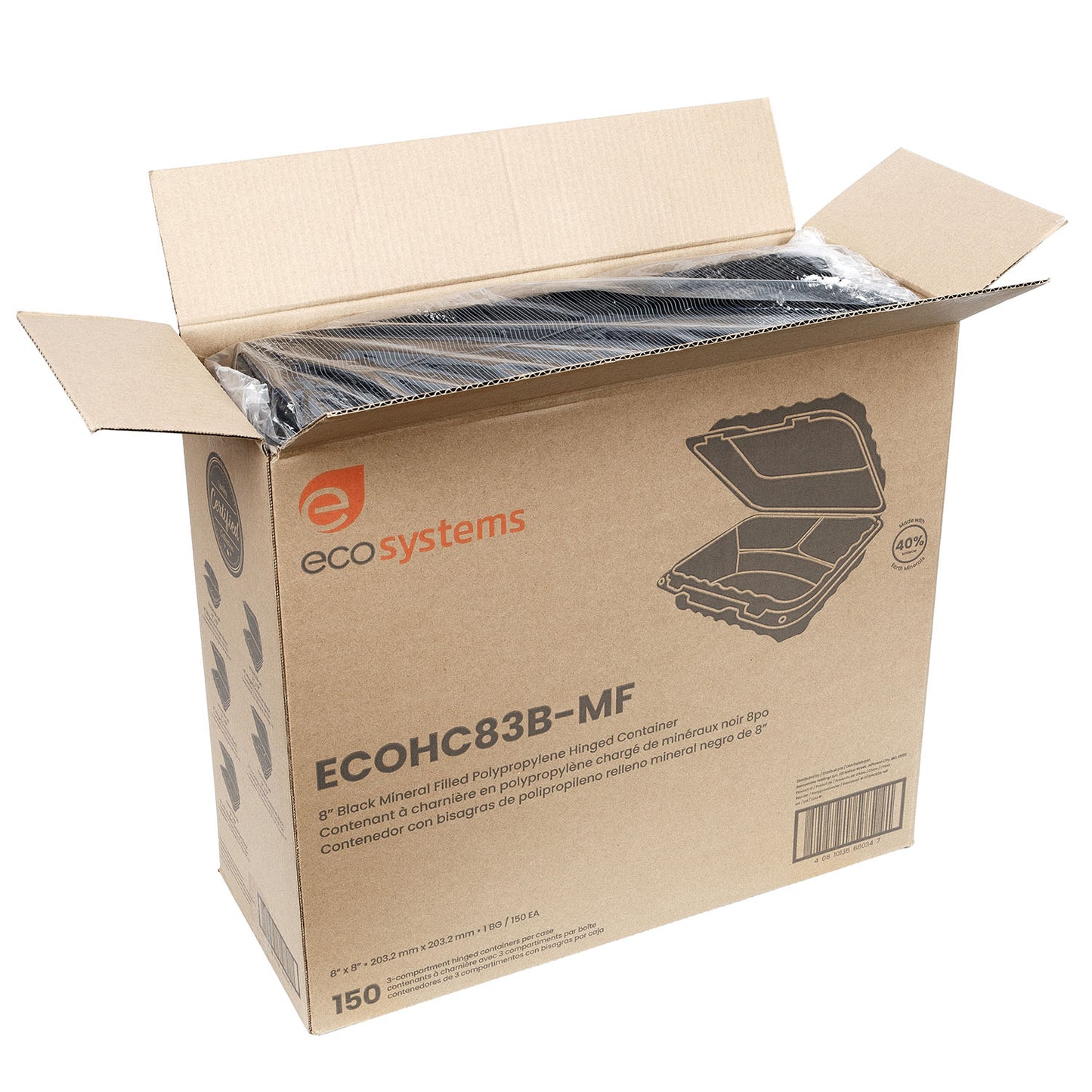 EcoSystems MFPP 3-Compartment Hinge Container, Black, 8" x 8", 1/CS/150 150/CS