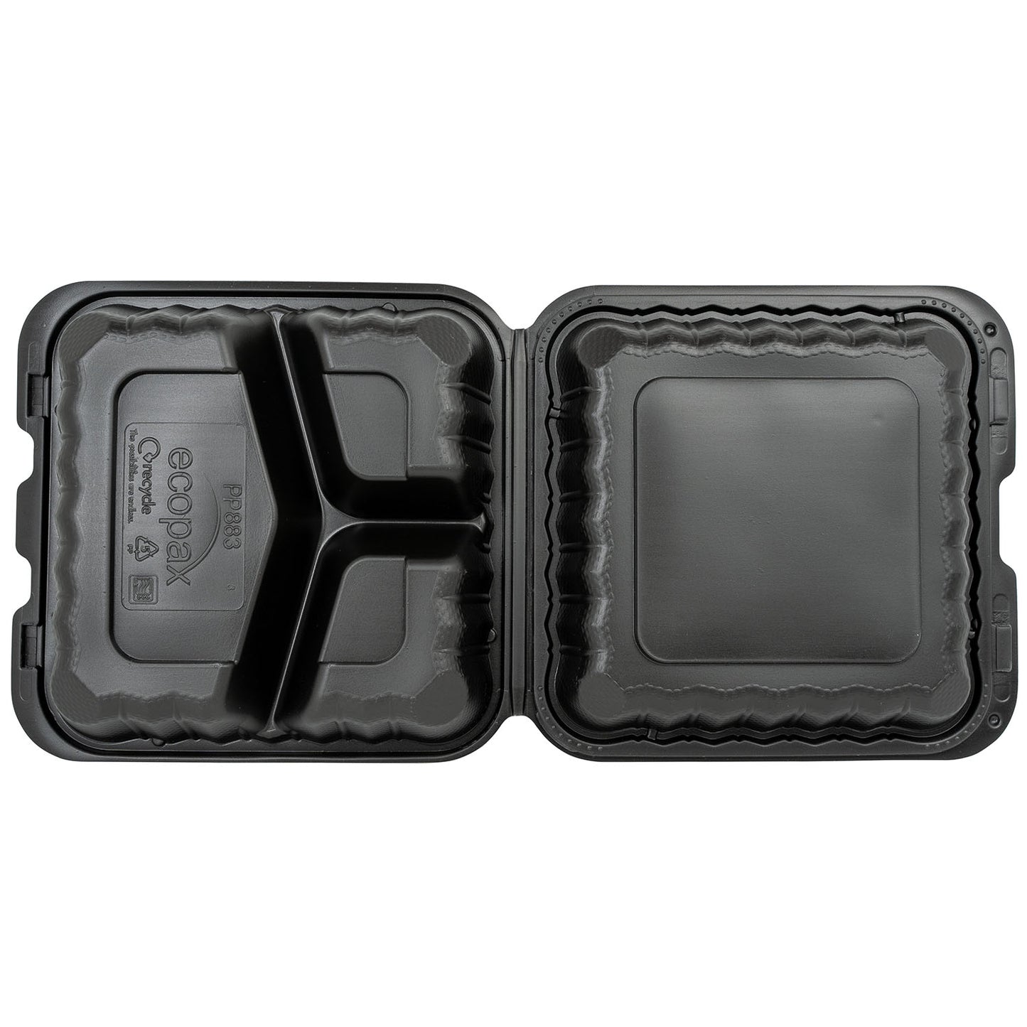 EcoSystems MFPP 3-Compartment Hinge Container, Black, 8" x 8", 1/CS/150 150/CS