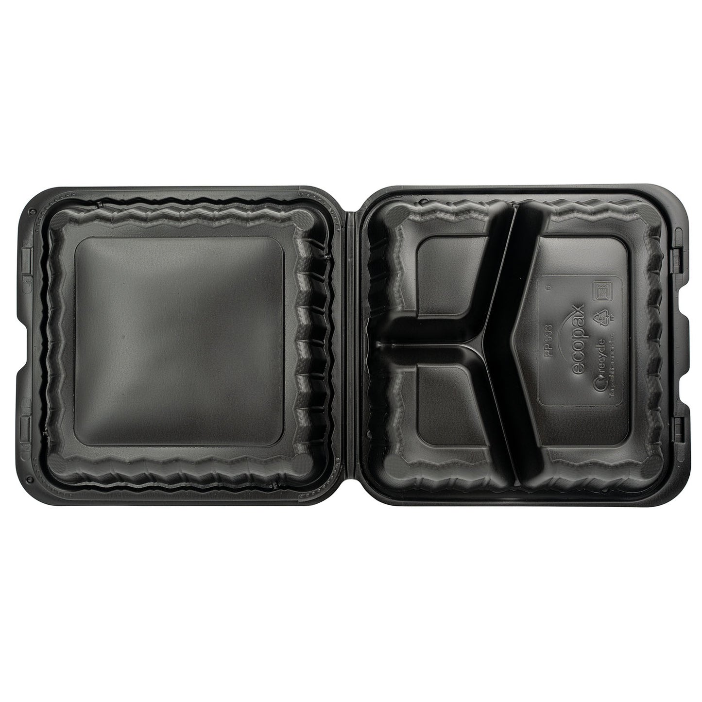 EcoSystems MFPP 3-Compartment Hinge Container, Black, 9" x 9", 1/CS/150 150/CS