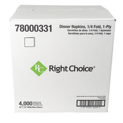 16x16, 1/4 Right Choice Dinner Napkin 1-Ply, White, Fold, 4000/cs