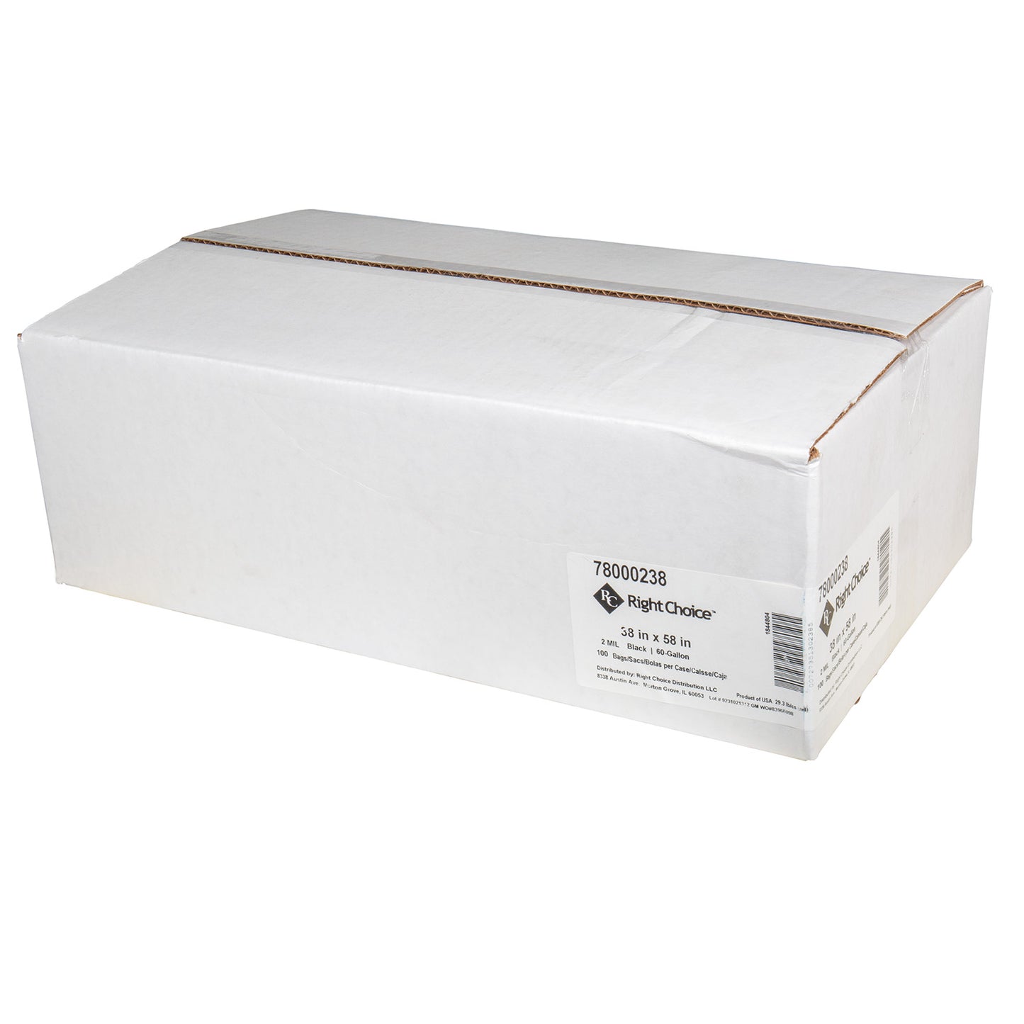 60 Gal, 2 Mil, 25x58, Right Choice LDPE (Repro) Can Liner Roll, Black, 38x58, 100/cs