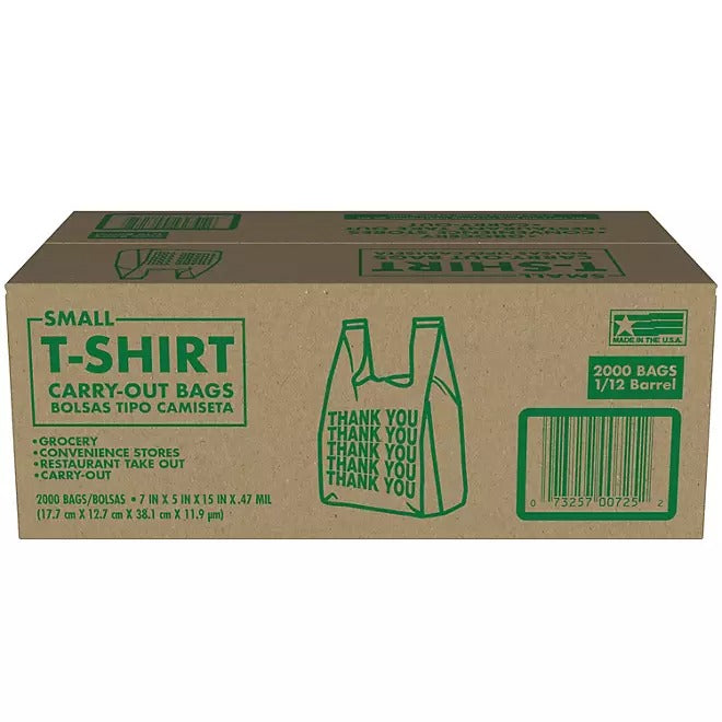 Small T-Shirt Carry-Out Bags, 7" x 5" x 15" 2000/cs