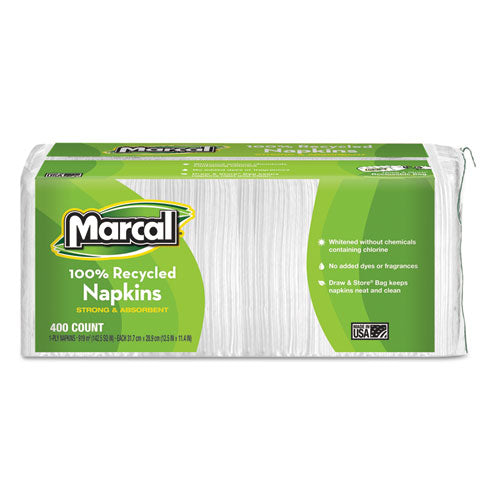 11.4x12.5 100% Recycled Lunch Napkins, 1-Ply, White, 400/pk