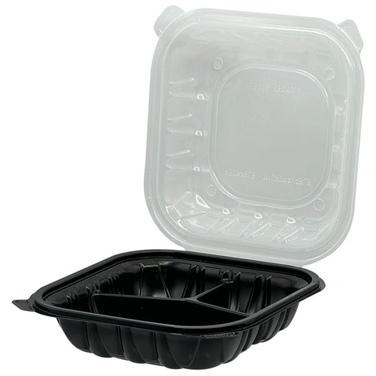 9x9 3 Compartment Hinged Container, Black/Clear, 150/cs