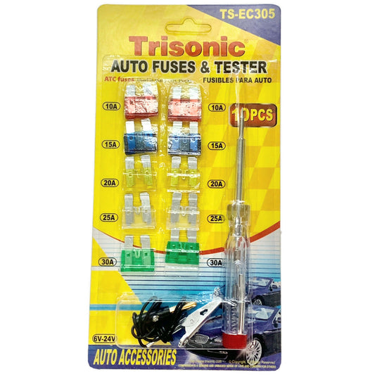 10 Blade Automotive Fuses 3 to 30A Voltage Test Tester 6-12-24V with Alligator Clip Assortment Kit Standard and Mini Auto Fuse