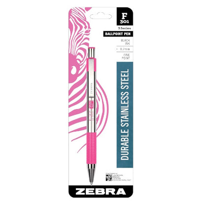 ZebraPen F-301 Stainless Steel Retractable Ballpoint Pen, 0.7mm, BCA Pink Barrel, Black Ink