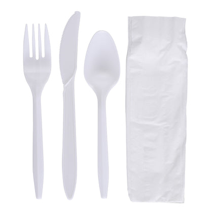 Medium Weight 4pcs Kit Polypro Knife Fork Teaspoon Napkin, Empress, white 1Ply 250/cs
