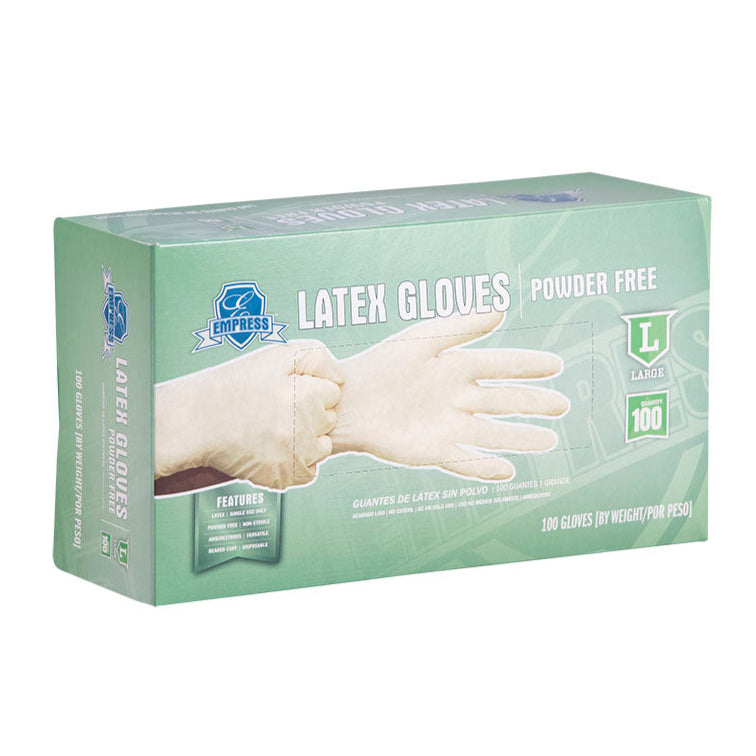 A box of Empress brand powder-free latex gloves, with the box indicating the gloves are suitable for food handling and medical use.