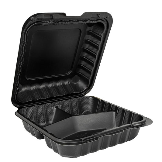 9x9 3 Compartment Black Hinged Take-Out Container, Plastic, 150/cs