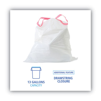 Drawstring Kitchen Bags, 13 gal, 0.8 mil, White, 50 Bags/Roll, 2 Rolls/Carton