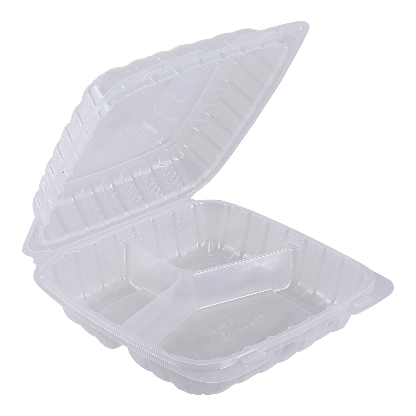 9x9 3 Compartment Empress PP Hinged Container Vented Clear 150/cs