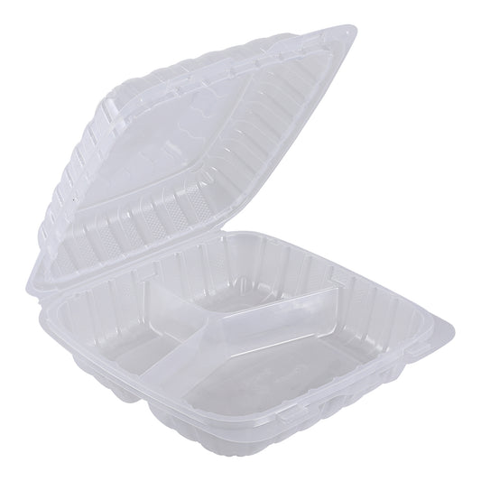 9x9 3 Compartment Empress PP Hinged Container Vented Clear 150/cs