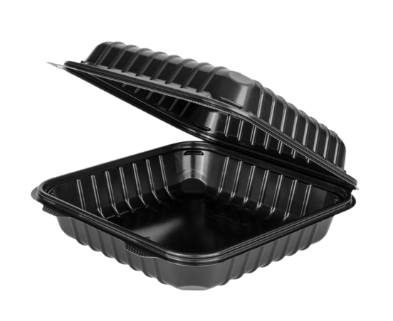 9x9 1 Compartment Black Hinged Container, Microwaveable, 150/cs