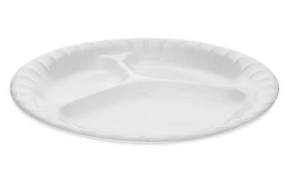 8.88 inch Pactiv Placesetter Deluxe Laminated Foam Dinnerware, 3-Compartment Plate, dia, White, 500/ct