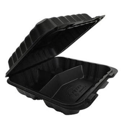 8x8x3 Black Hinged Takeout Container, 3 Compartment, 150/Case