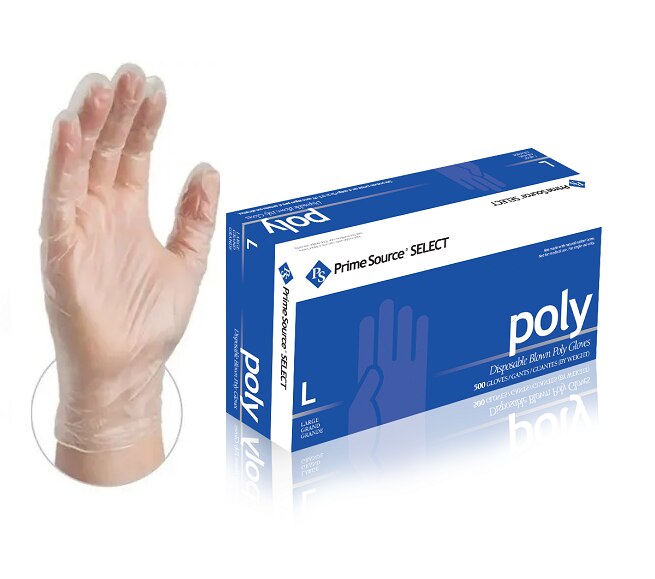 Large Poly Gloves, Prime Source, Clear, 0.3 Mil 500/Box, 4 Boxes/cs